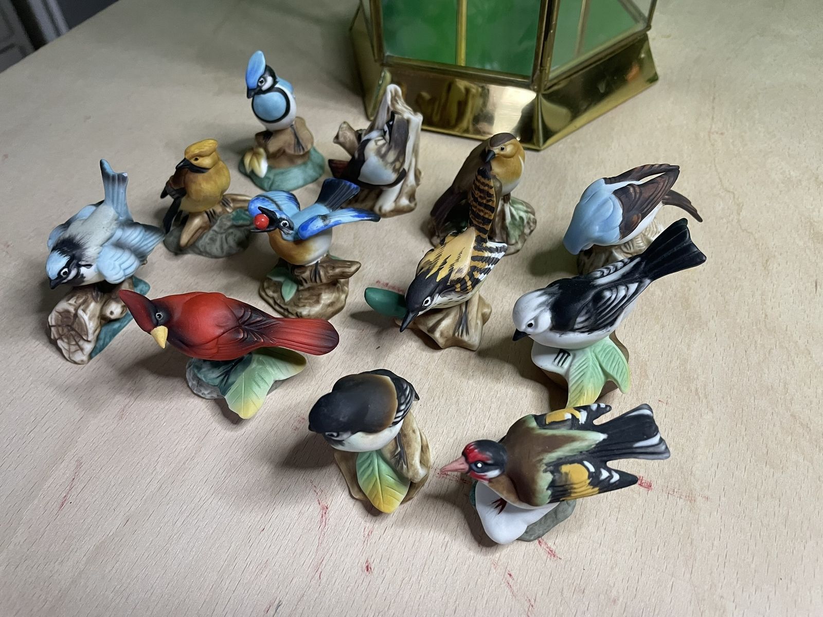 photo for sale Porcelain Garden Birds Figurines In Glass And Brass Display Case   1980's