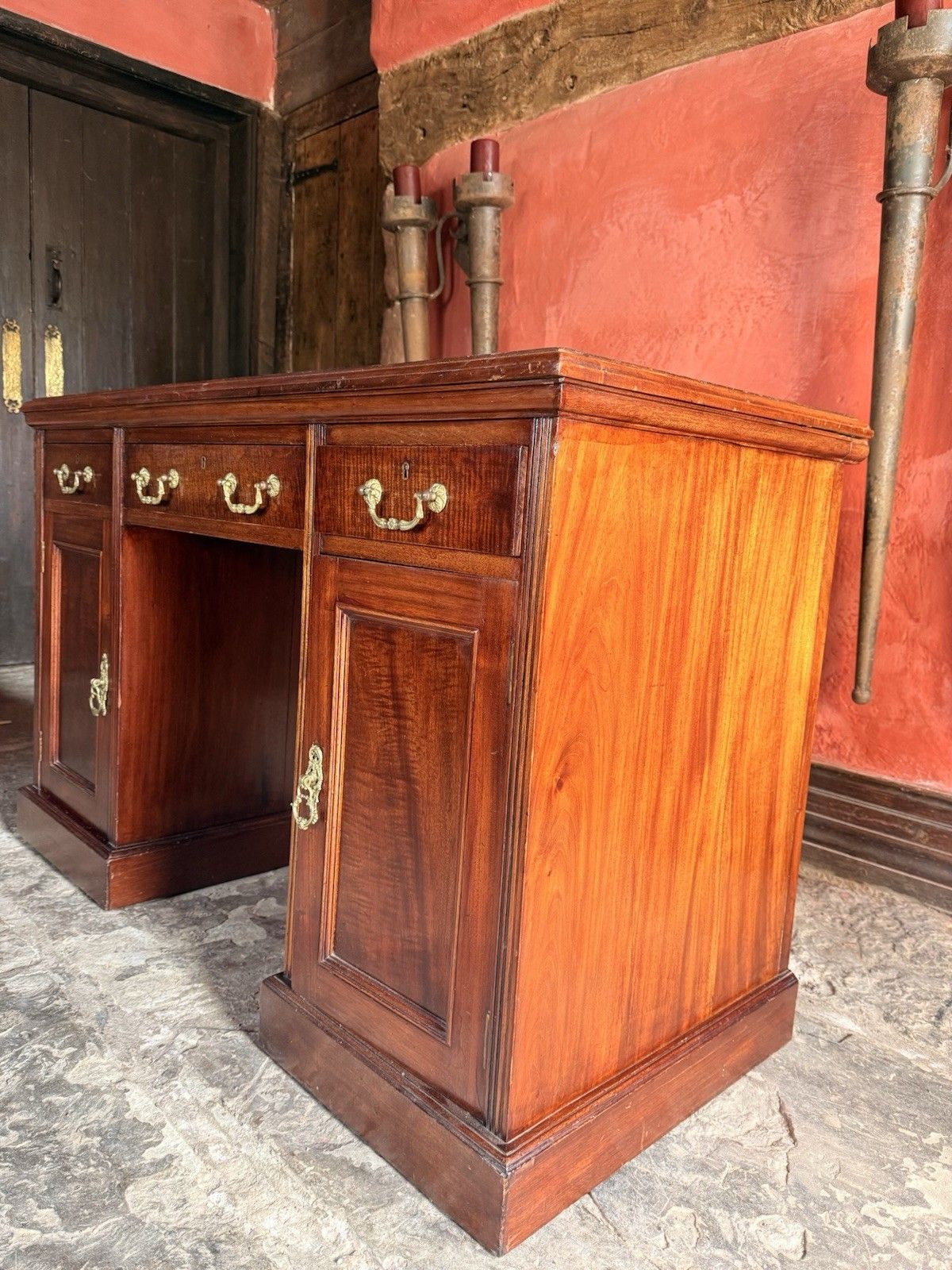 Original English Antique Mahogany Red  Leather Office Pedestal Desk Circa 1800's photo furniture