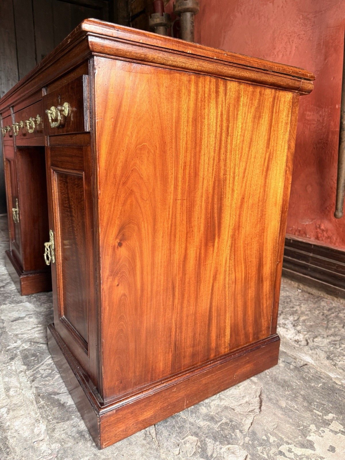 Original English Antique Mahogany Red  Leather Office Pedestal Desk Circa 1800's photo vintage