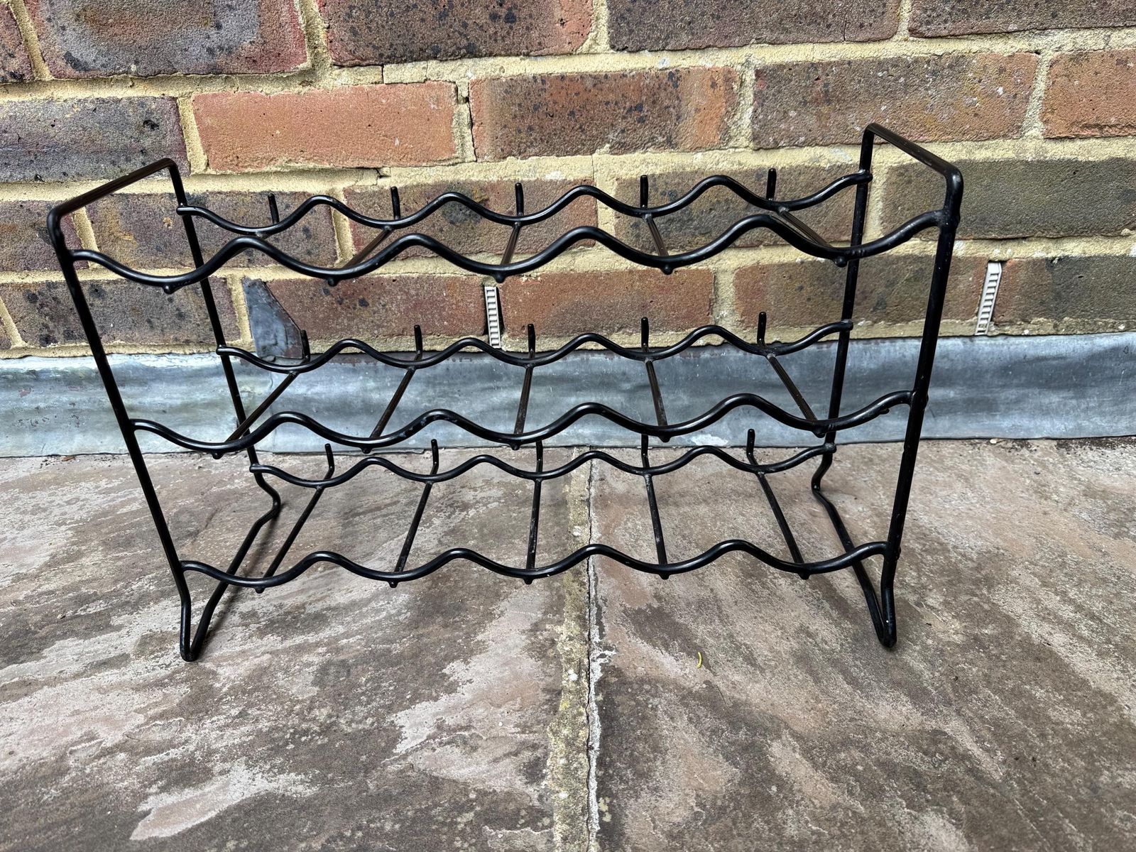 Vintage 80s Black Wire Wine Rack 15 Bottle Storage Freestanding Or Wall Mounted Metal Bar Stand Minimalist Kitchen Holder Industrial Retro photo for sale