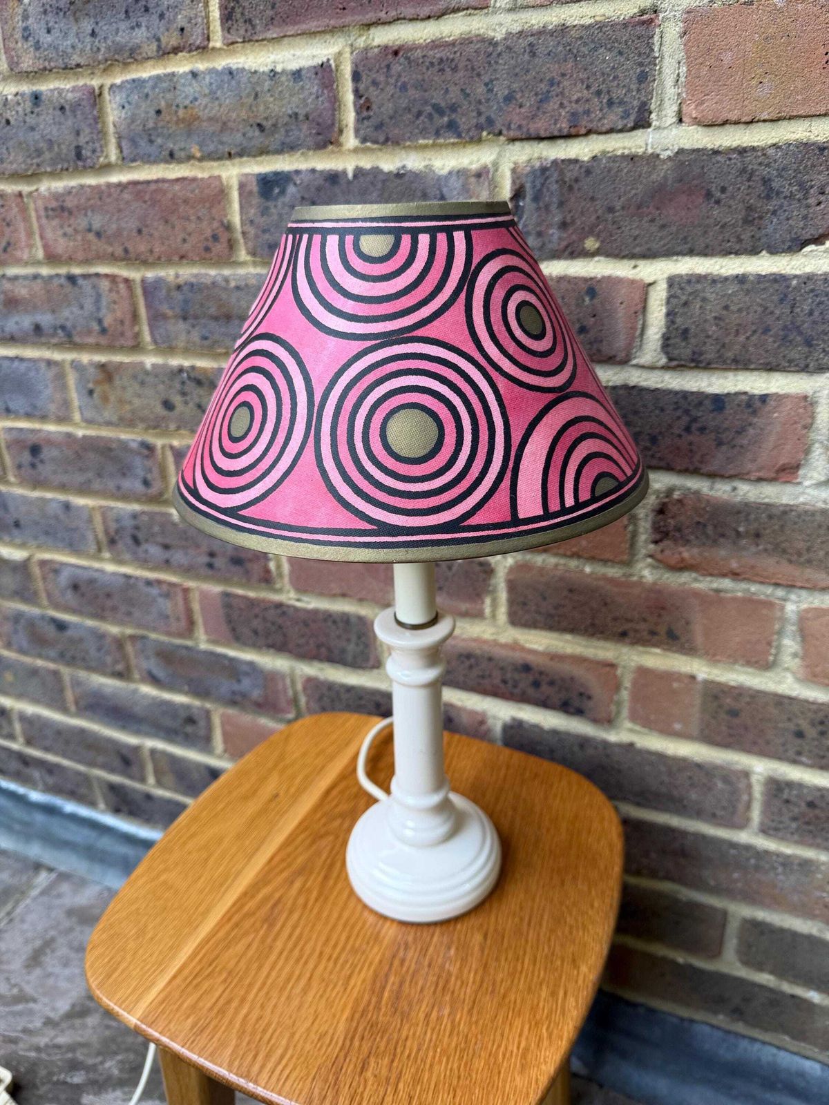 Hand Painted Pink Canvas Lampshade   Cressida Bell Signed Retro Pop Art Concentric Circles 90s Bold Lighting Shade Boho Decor photo buy