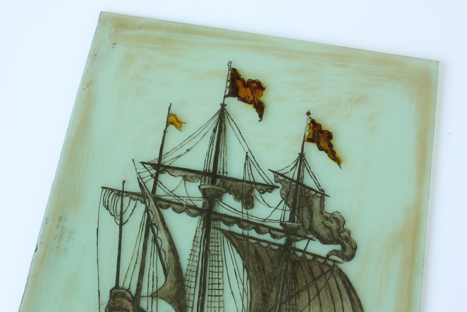 Stained Glass Window. Galleon Sailing Ship Nautical Panel. 17th Century. photo vinterior
