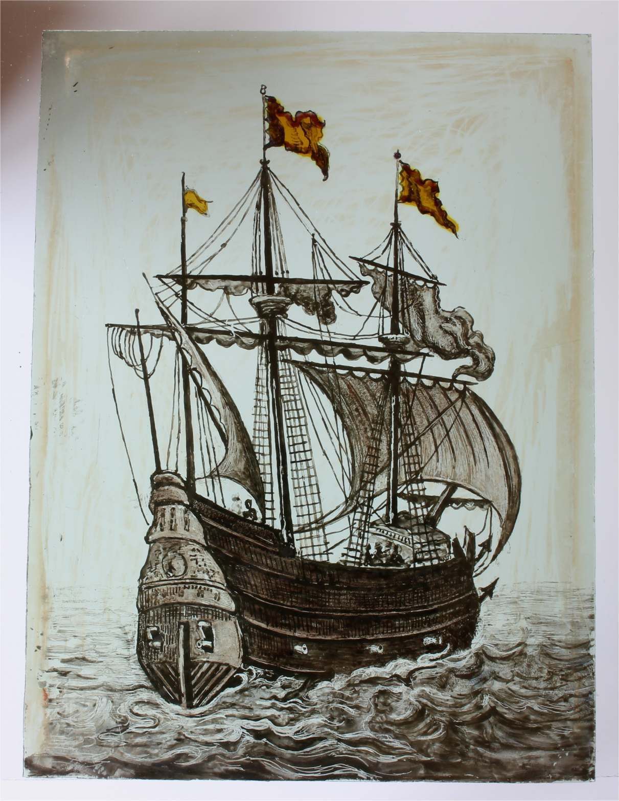 photo furniture Stained Glass Window. Galleon Sailing Ship Nautical Panel. 17th Century.
