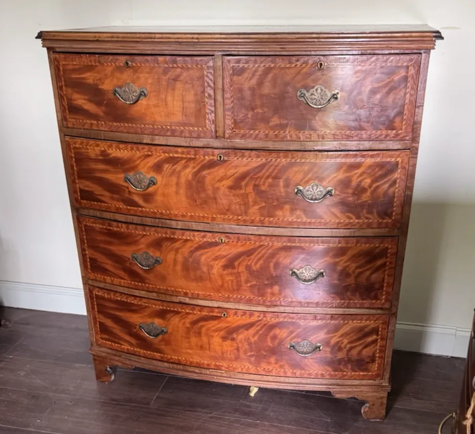 19th Century Mahogany And Inlaid Bow Fronted Chest Of Drawers photo for sale