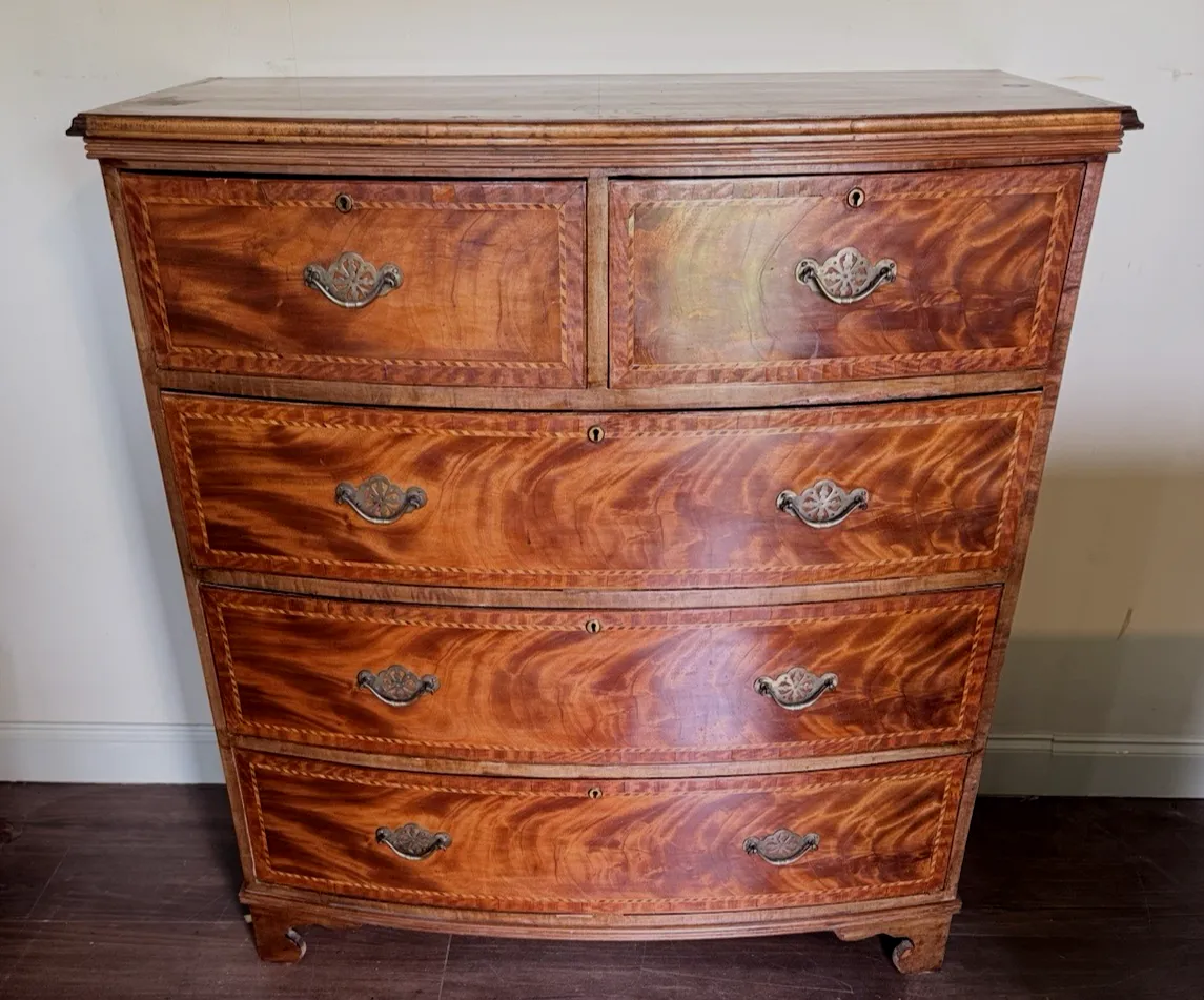 19th Century Mahogany And Inlaid Bow Fronted Chest Of Drawers photo Furniture