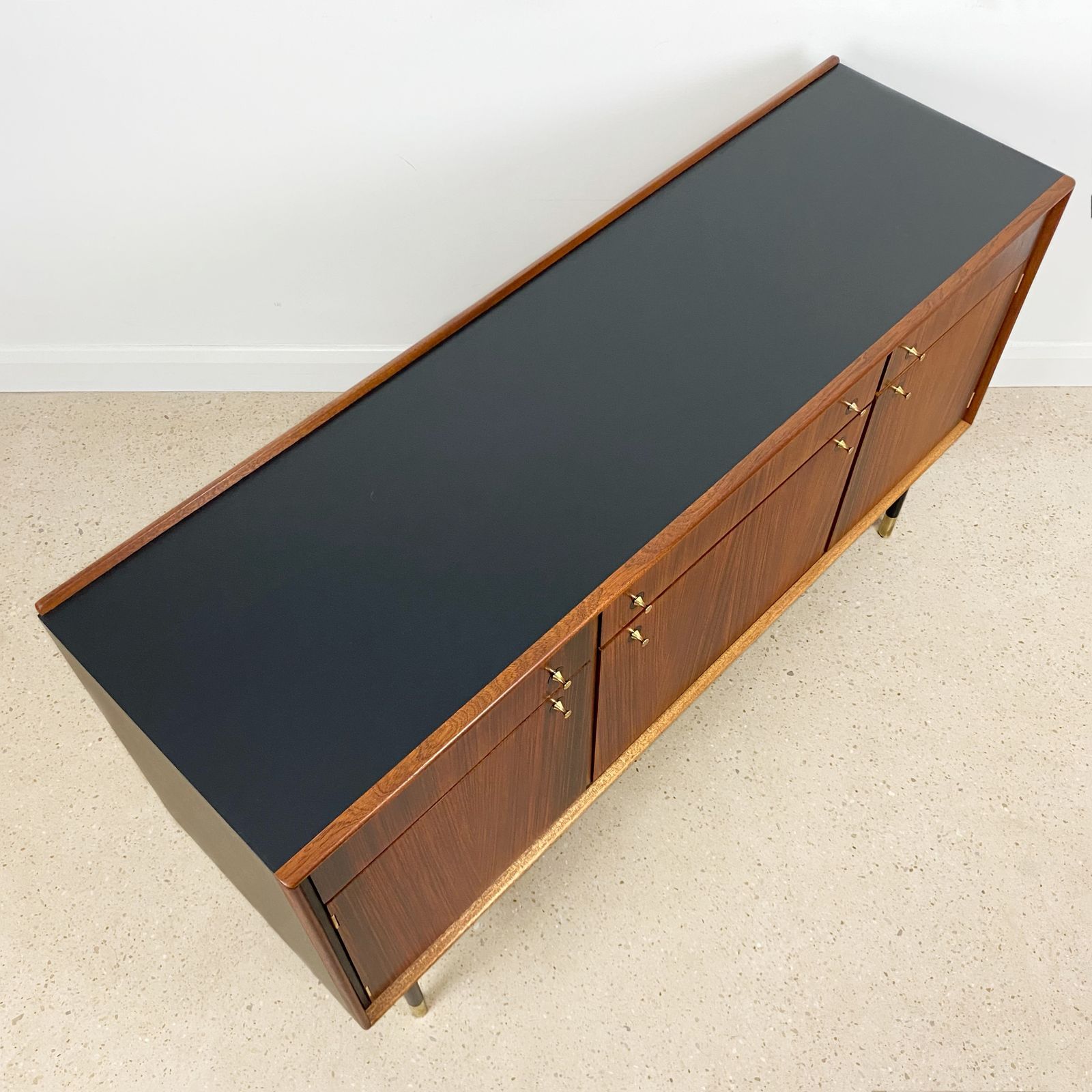 photo furniture Mid Century Cocktail Bar Drinks Cabinet By Heal's In Rosewood And Brass With Black & Gold Jackson Pollock Paint Effect