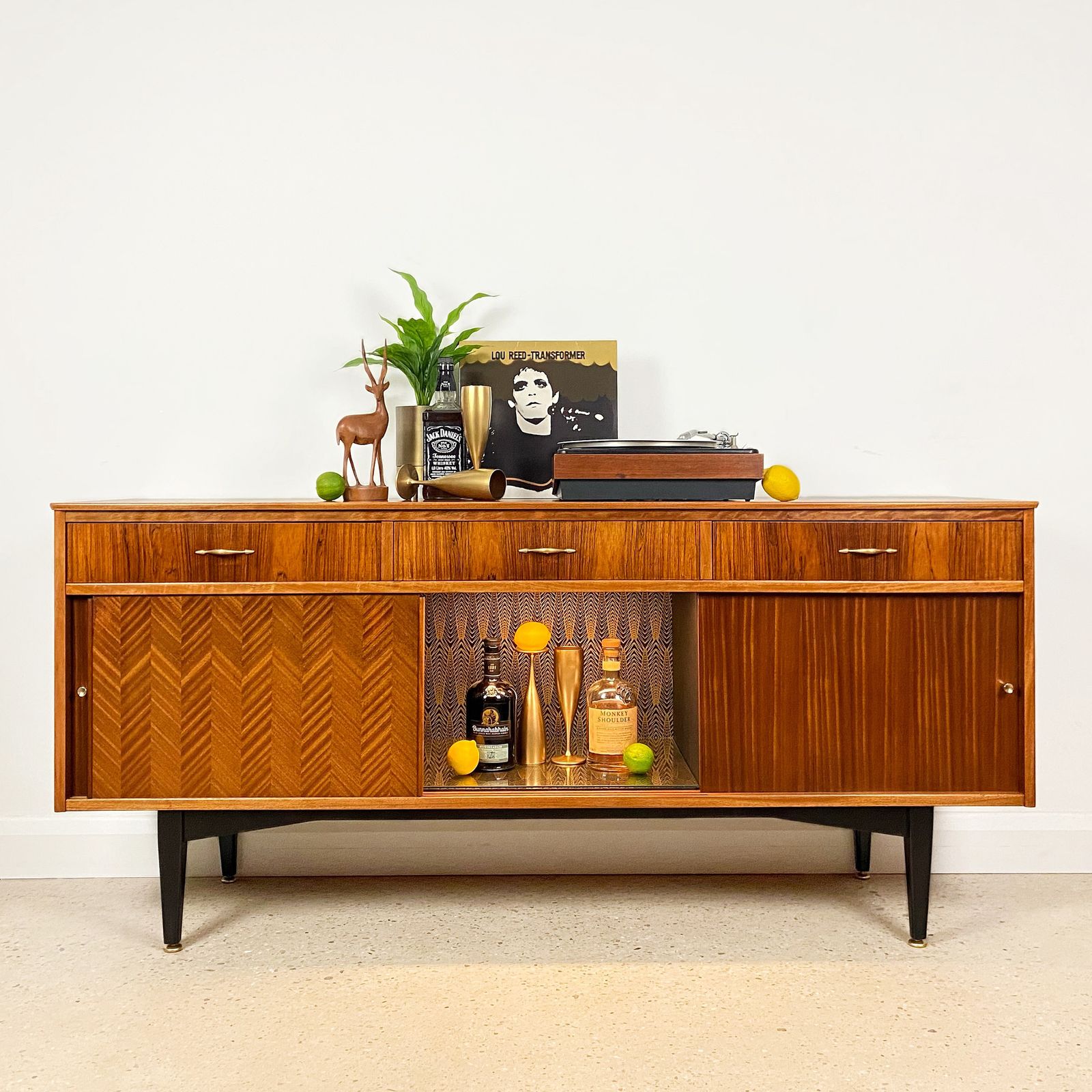 Mid Century Sideboard By Jentique In Teak Rosewood Tola With Black And Gold Chevron Design And Light