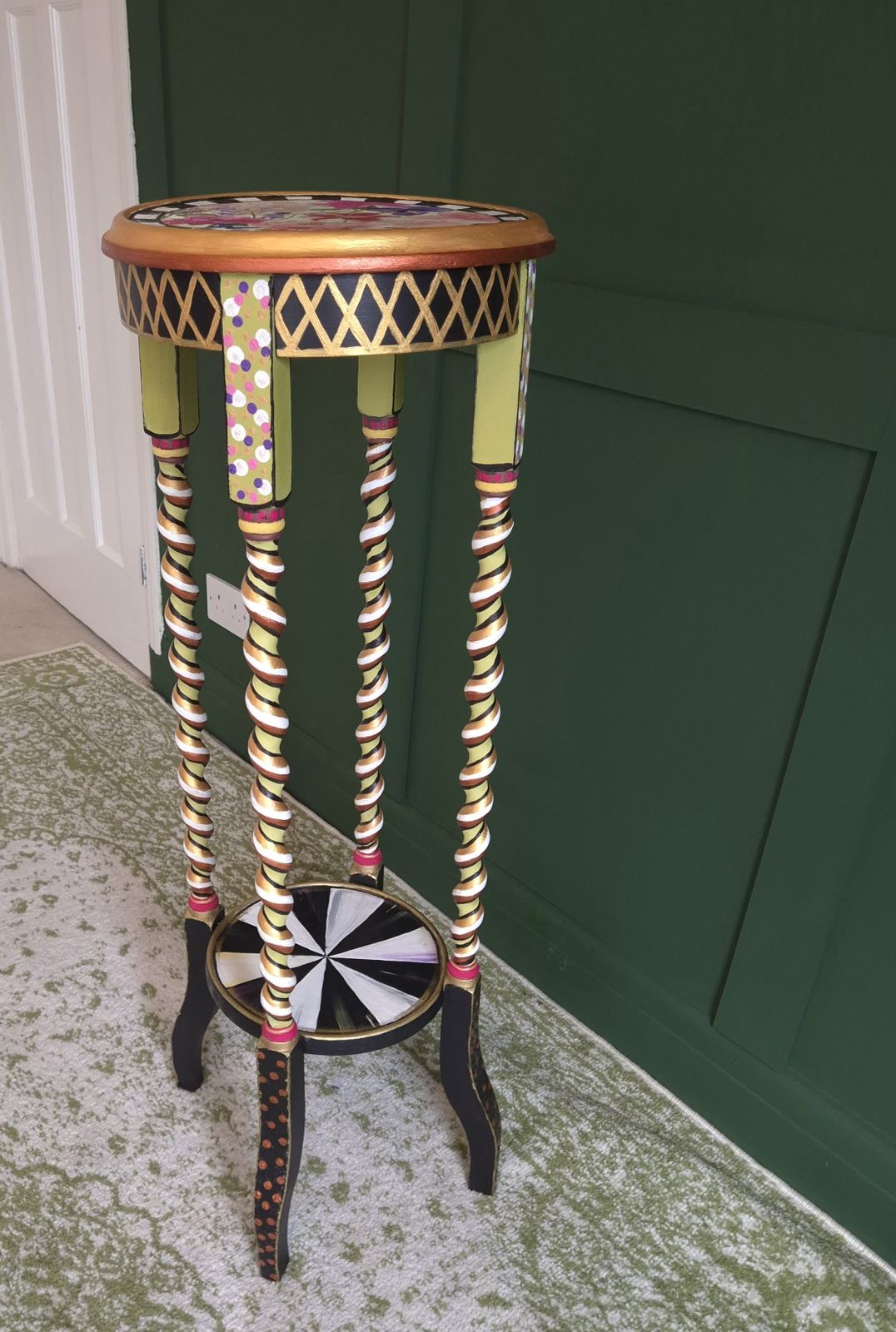 2 Tier Barley Twist Flower Table, Hand Painted In Mackenzie Childs(tm) Style, With Decoupage Top And Sides.