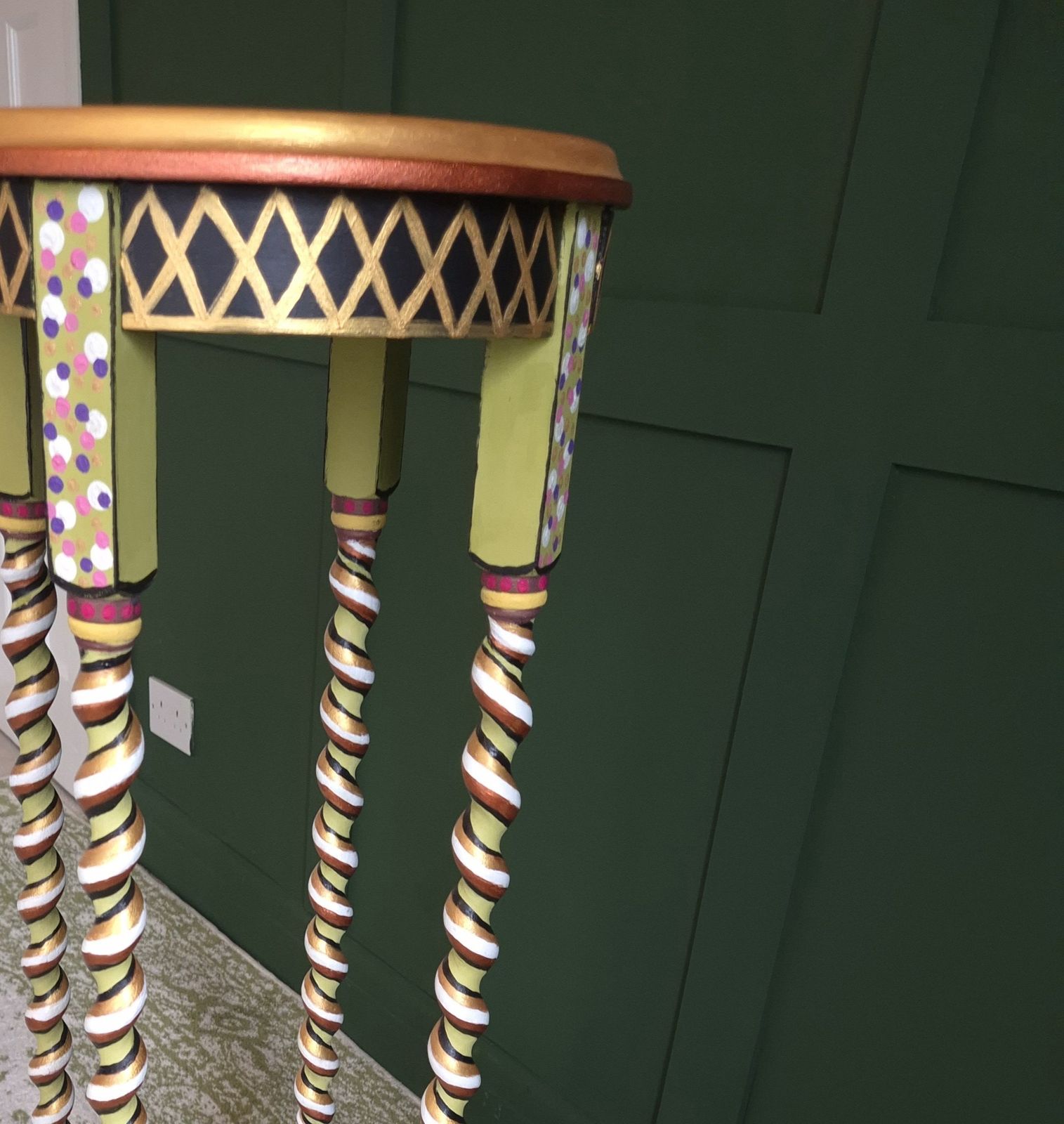 2 Tier Barley Twist Flower Table, Hand Painted In Mackenzie Childs(tm) Style, With Decoupage Top And Sides. photo for sale