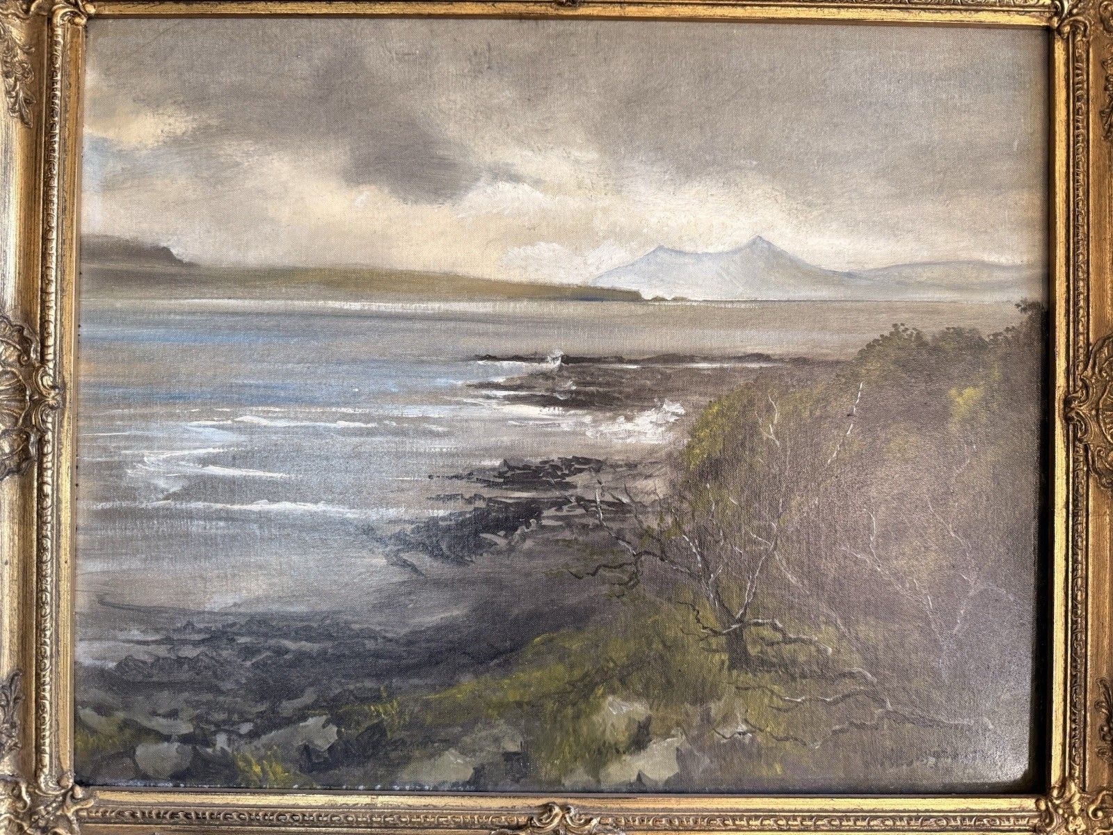 Antique Ornate Gilt Gold Landscape Signed Waves Wooden Wall  Framed Oil Painting photo for sale