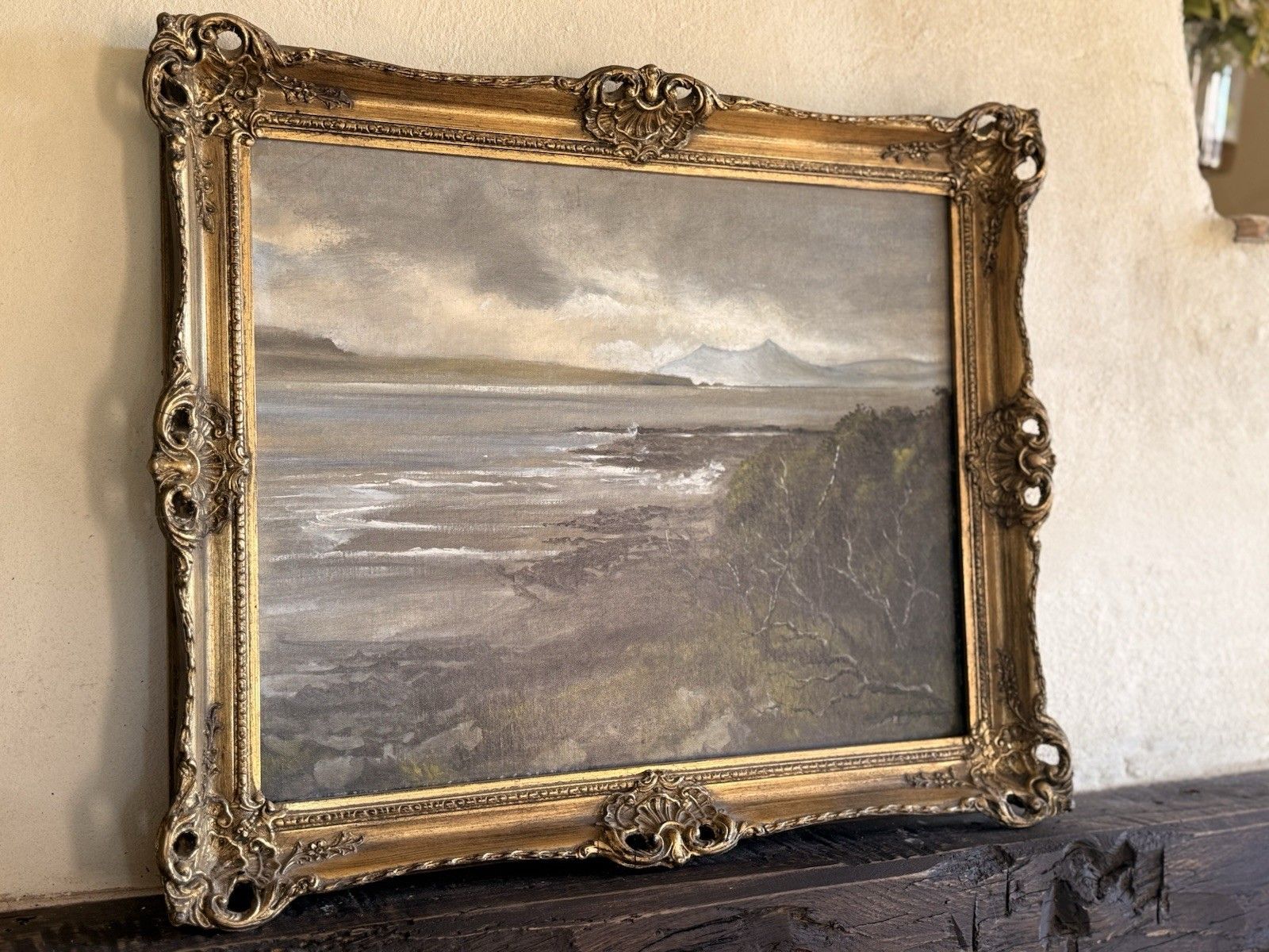 Antique Ornate Gilt Gold Landscape Signed Waves Wooden Wall  Framed Oil Painting photo 349.0