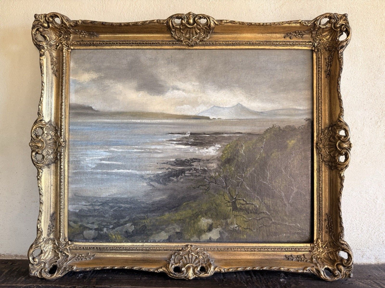 photo furniture Antique Ornate Gilt Gold Landscape Signed Waves Wooden Wall  Framed Oil Painting