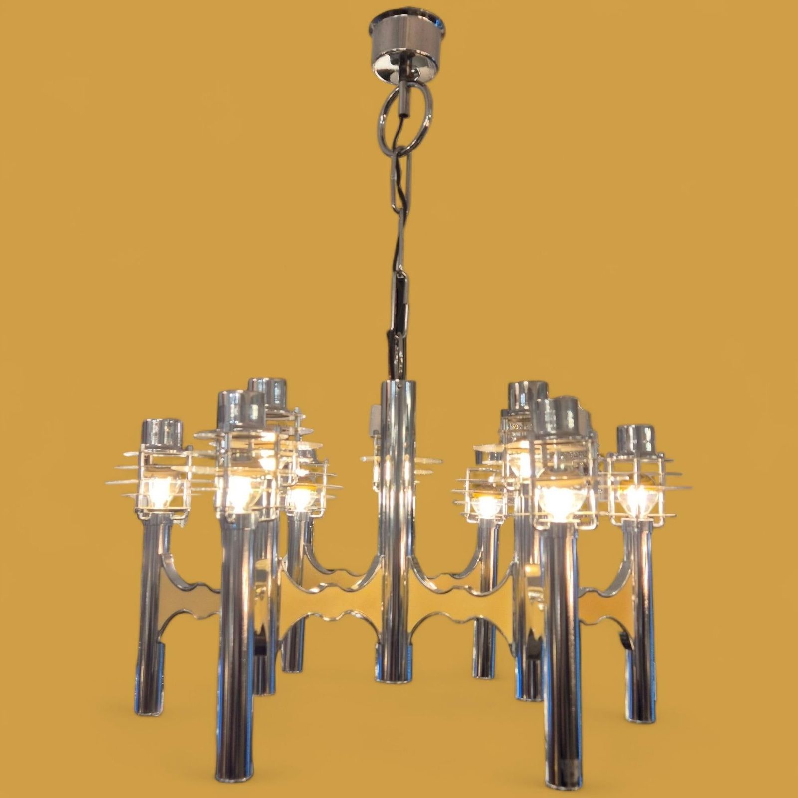 photo vintage Space Age Chromed Metal Chandelier By Gaetano Sciolari, Mid 20th Century
