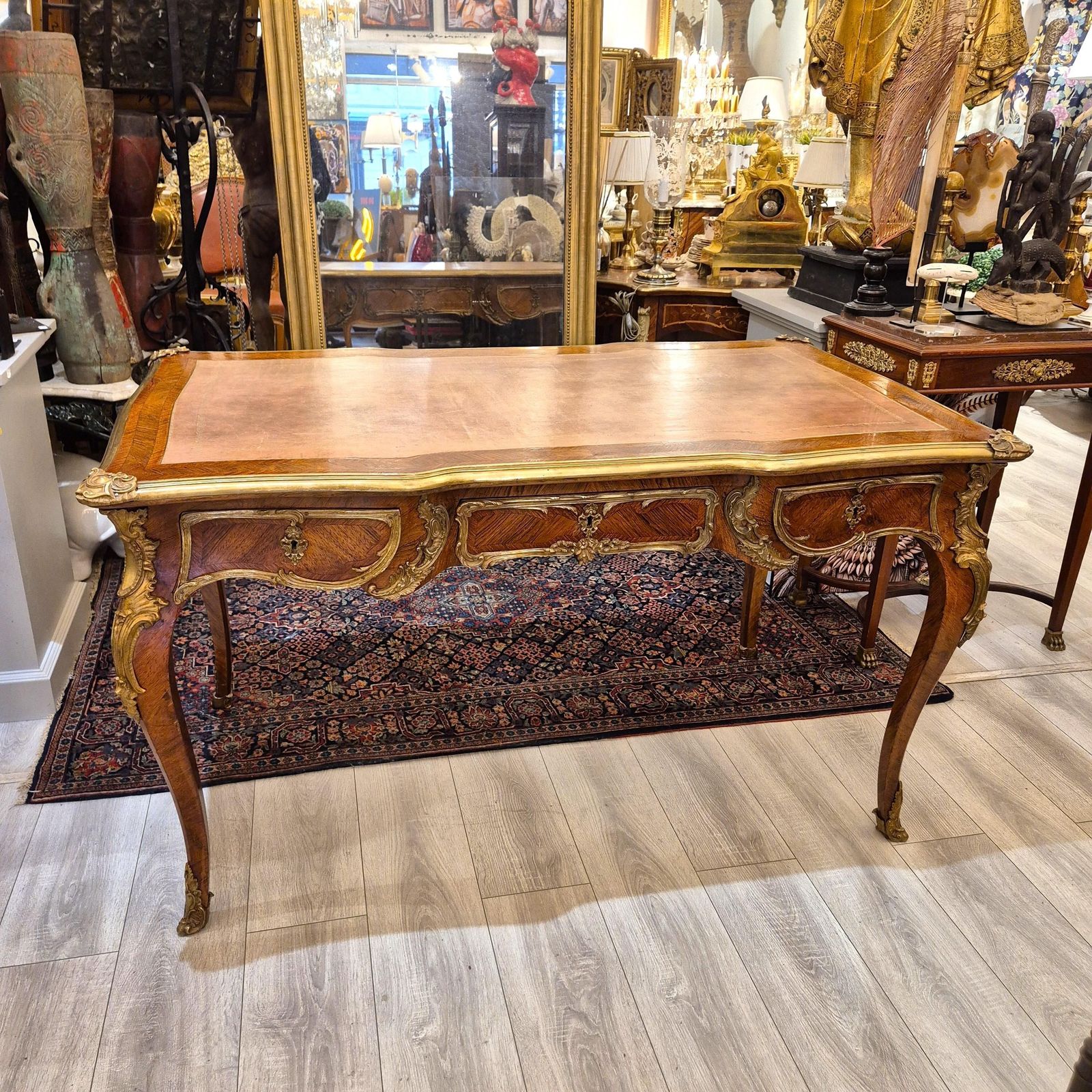 Large Louis XV Style Flat Desk, Marquetry And Gilt Bronze, 19th Century Work photo for sale