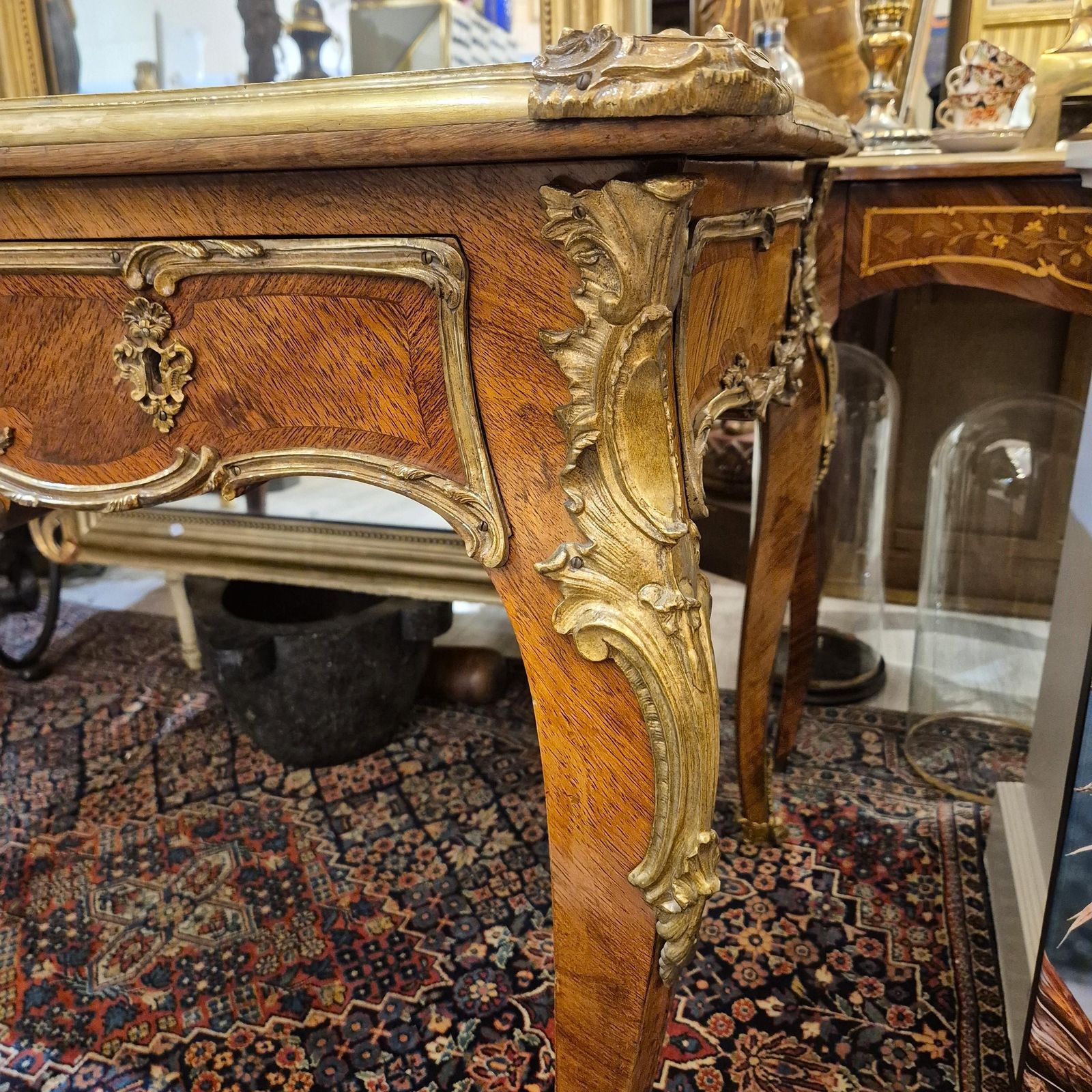 Furniture Large Louis XV Style Flat Desk, Marquetry And Gilt Bronze, 19th Century Work photo