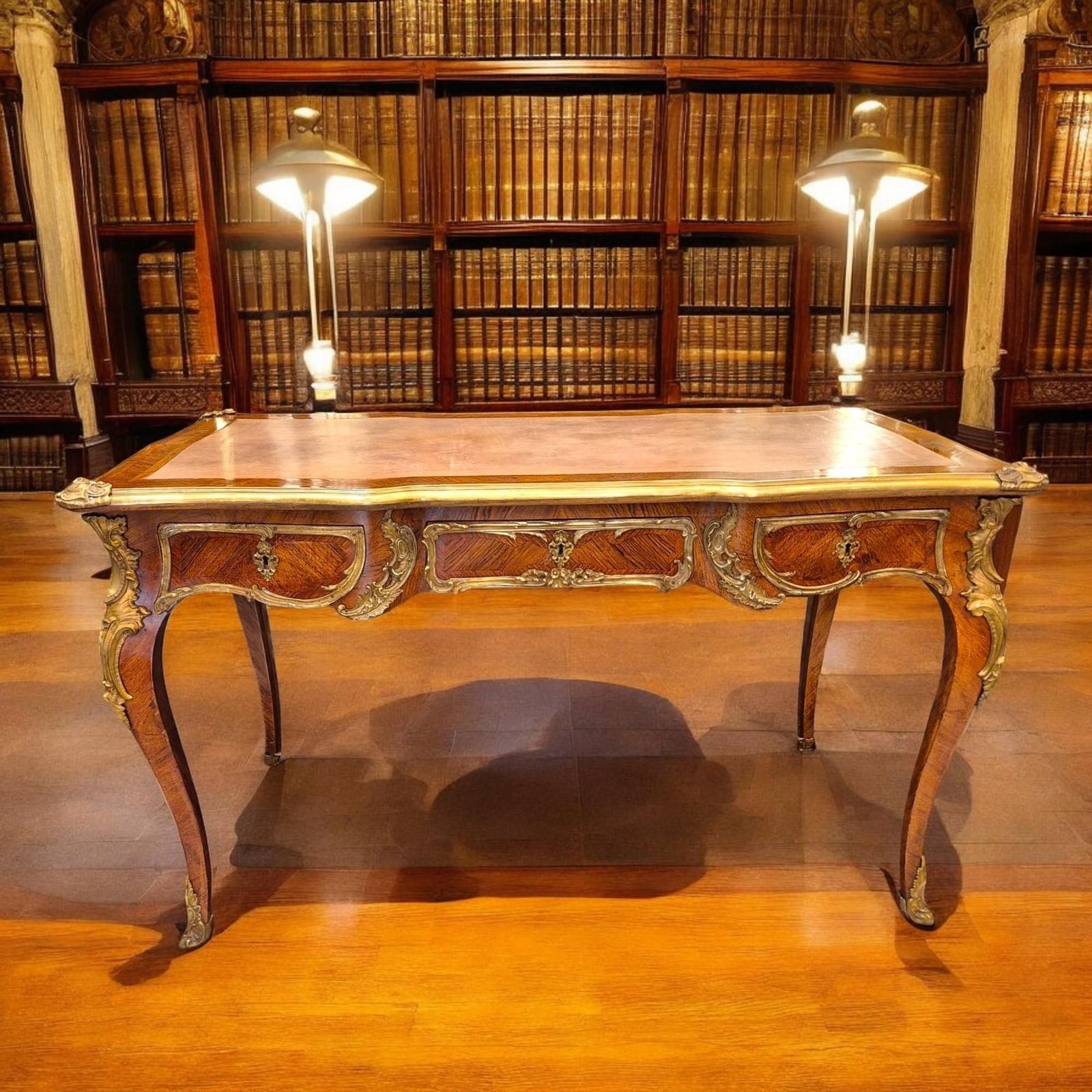 photo buy Large Louis XV Style Flat Desk, Marquetry And Gilt Bronze, 19th Century Work