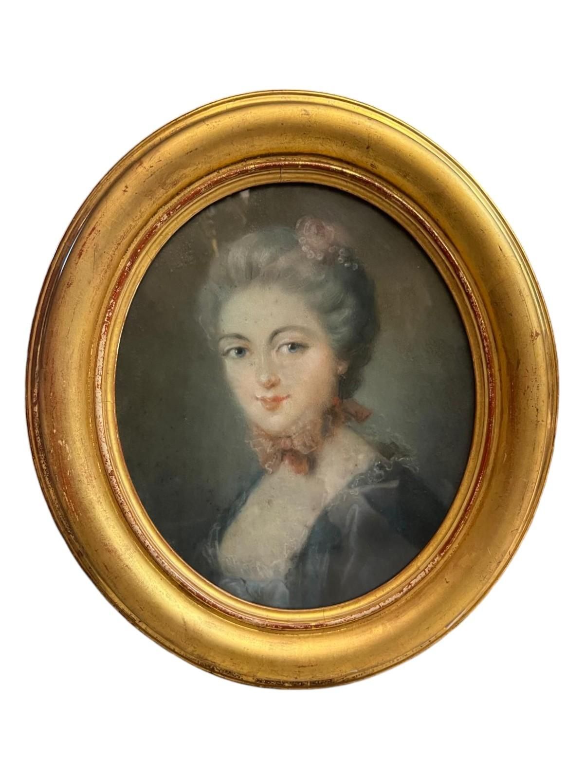 Portrait Of A Young Woman In An Gilt Oval Frame, Pastel Drawing, 18th Century photo buy