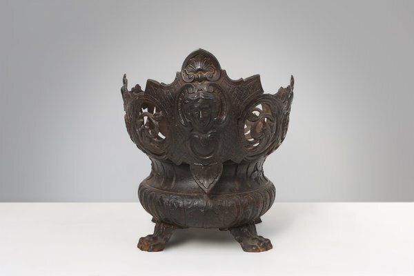 Cast Iron Planter Decorated With Masks And Lion Paws, France, 1850s photo vinterior