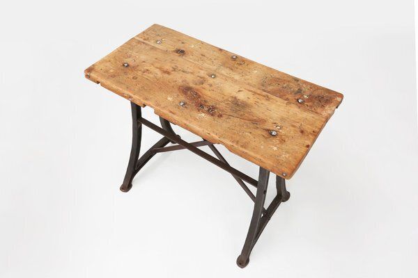 Industrial Bistro Table With Cast Iron Legs And Wooden Top, Belgium, 1920s photo vintage