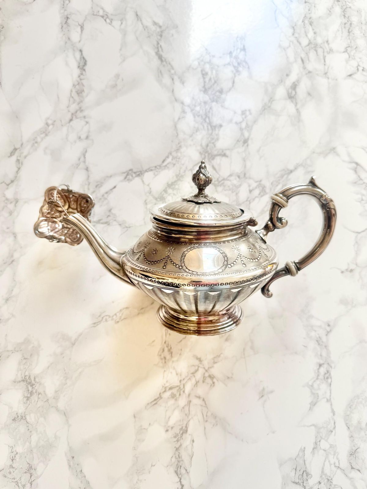 Antique French Edwardian Silver Plated Teapot Fine Etched And Embossed Decor Circa 1900