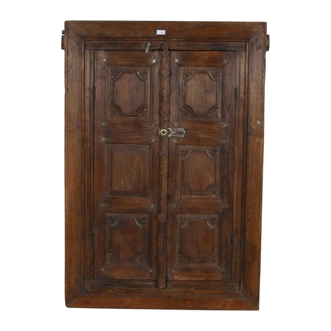 Antique Walnut Brown Indian Teak Shutter Mirror – Carved 19th Century Window Frame photo furniture