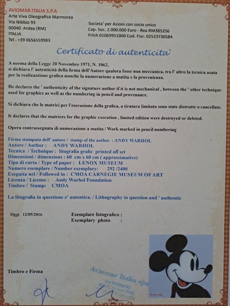 1980er Andy Warhol Signierte Limited Edition Lithographie Mickey Mouse photo furniture