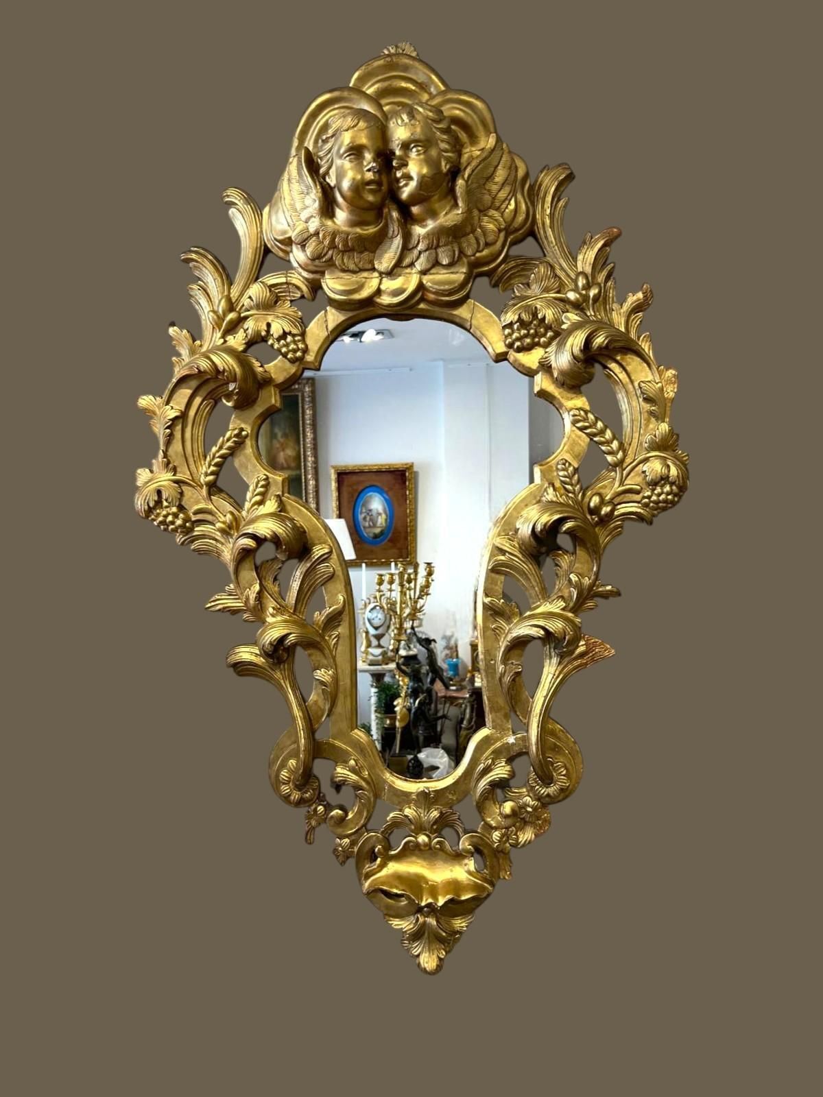Gilded Wood Mirror With Putti, Italy, 19th Century photo furniture