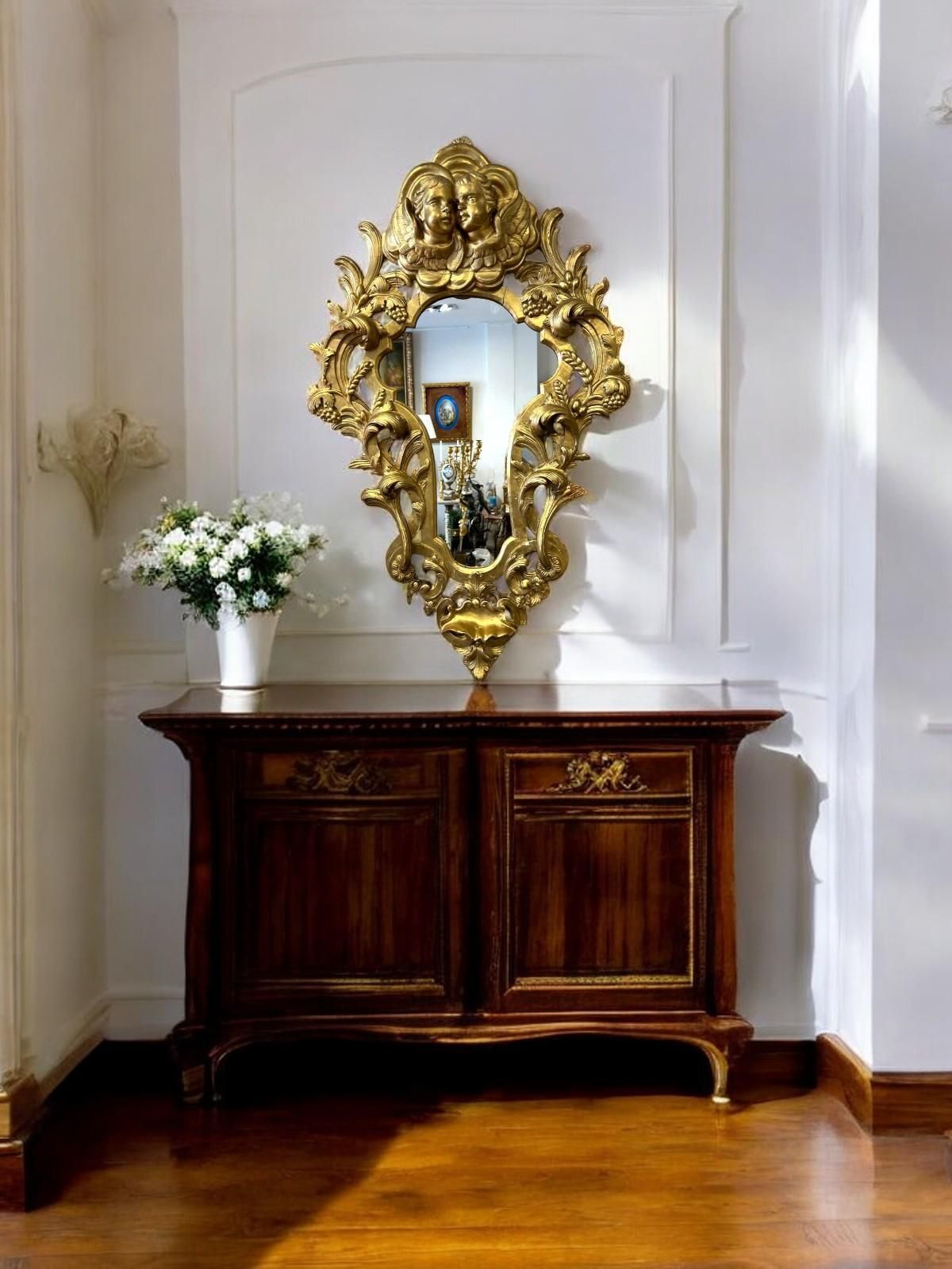 Gilded Wood Mirror With Putti, Italy, 19th Century photo for sale