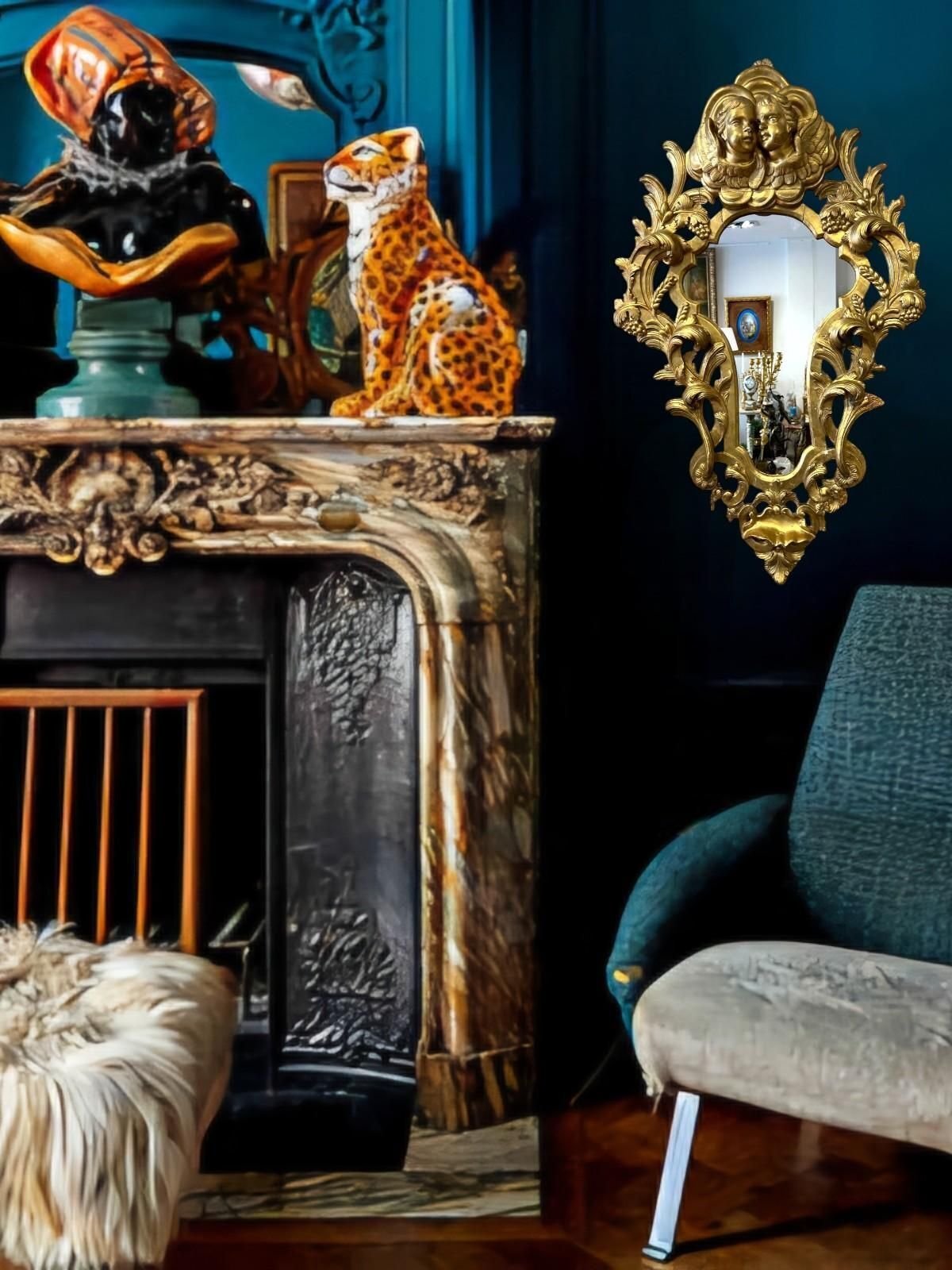 Gilded Wood Mirror With Putti, Italy, 19th Century photo Home Decor