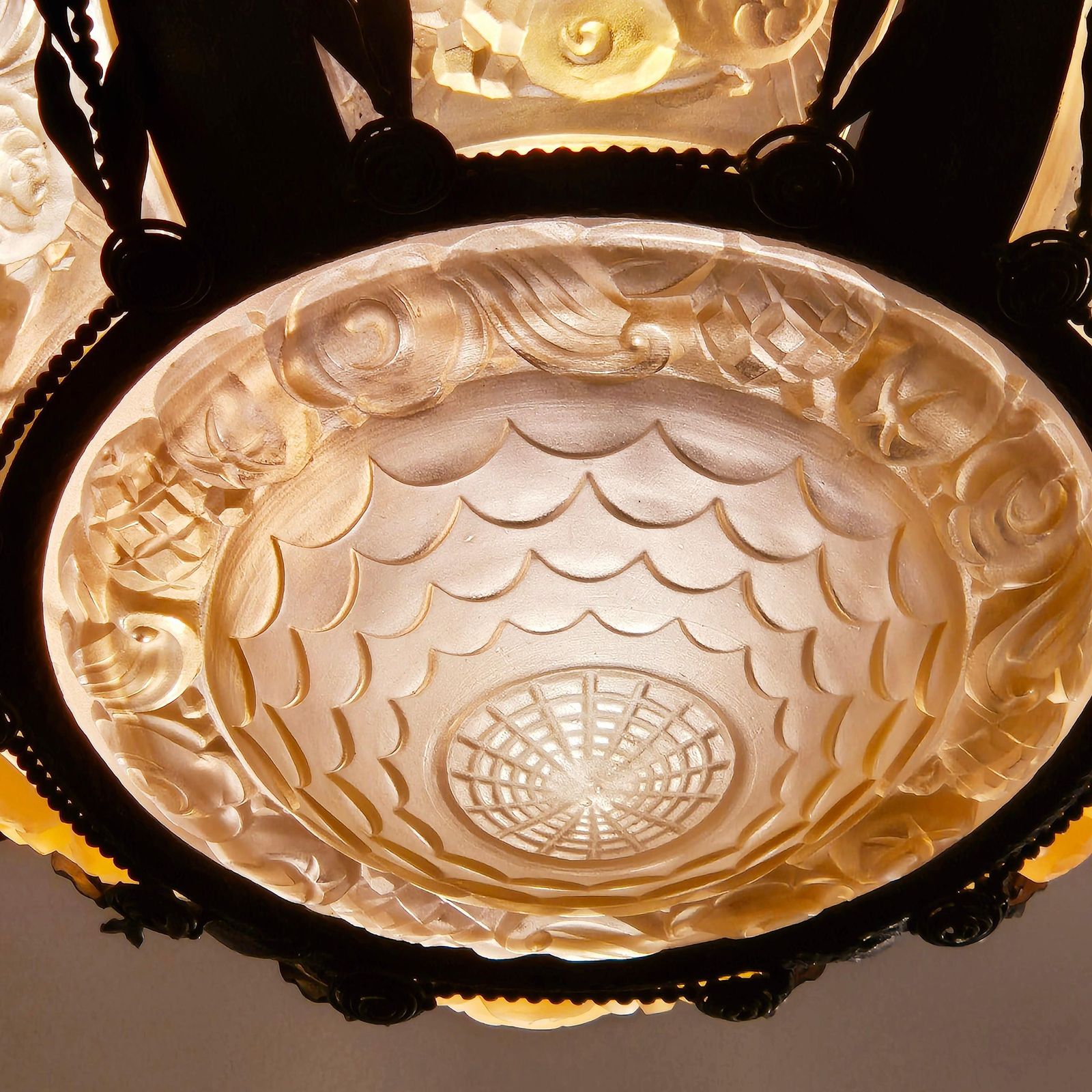 photo for sale Rare And Large Glass Plaque Chandelier, Val Saint Lambert, Art Deco Period, 1930