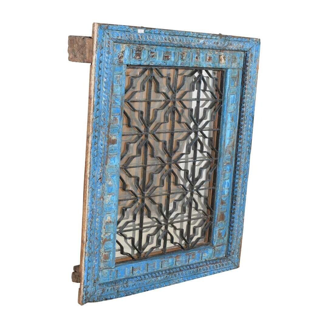 Antique Azure Blue Indian Teak & Iron Jali Window Mirror – Carved 19th Century Frame photo furniture