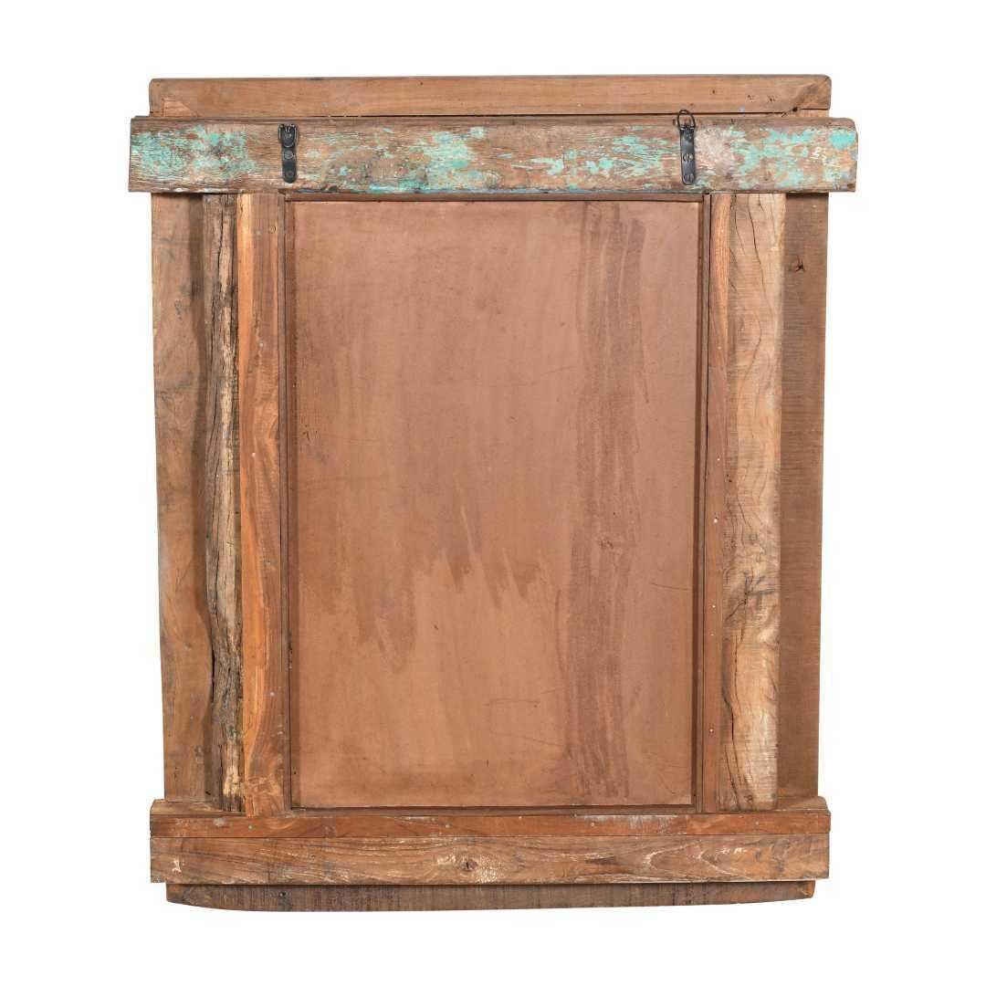 Antique Azure Blue Indian Teak & Iron Jali Window Mirror – Carved 19th Century Rajasthan Frame photo for sale