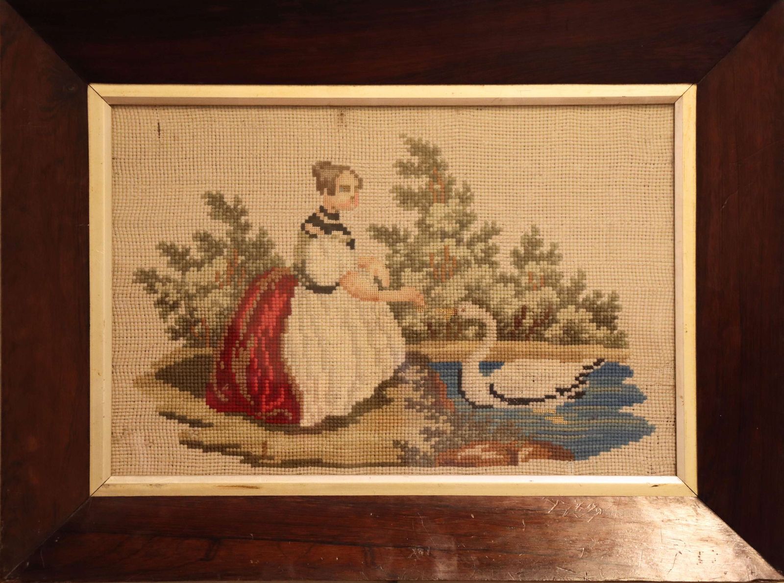 Mid 19th Century Gros Point Needlework – Girl Feeding A Swan, Circa 1860