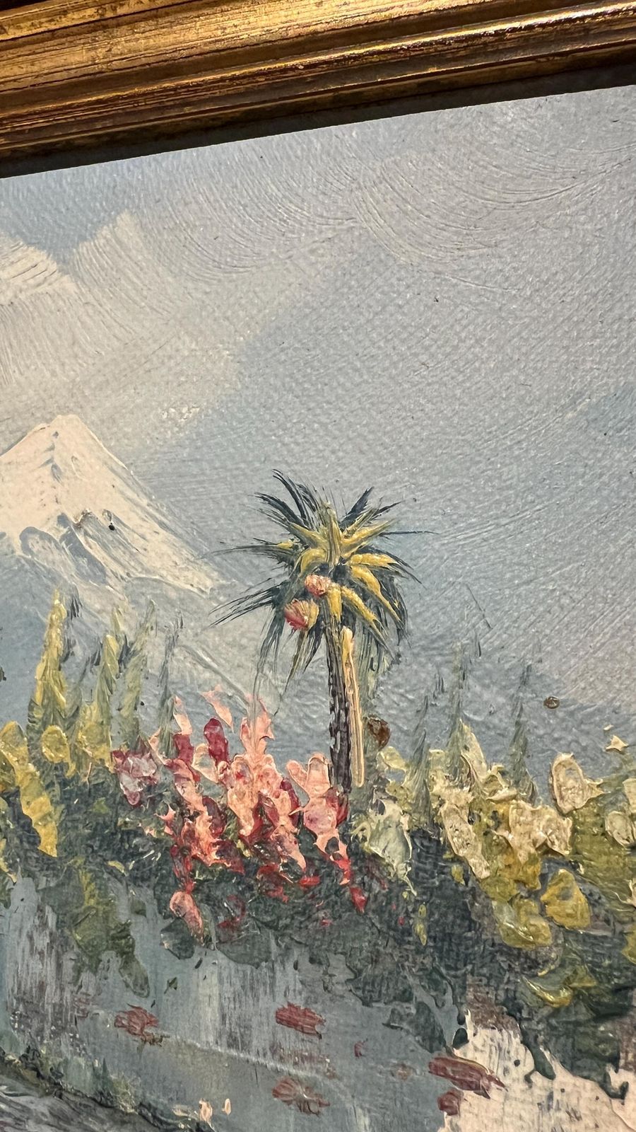 Charming Mid Century Oil Painting Of Village House With Mountain View photo buy