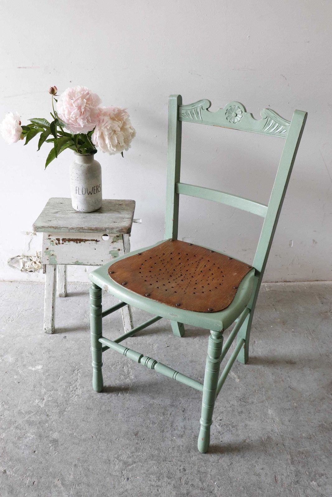 Pretty Green Painted Vintage Chair With Stripped Pierced Star Pattern Seat photo vintage