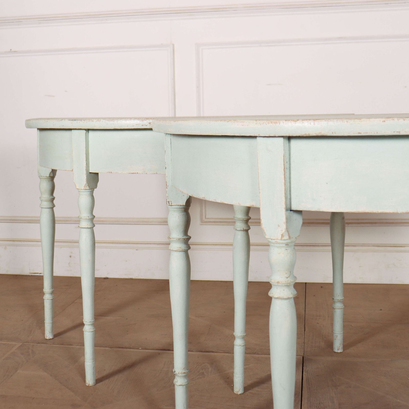 Pair Of Swedish Painted Demi Lune Console Tables photo for sale