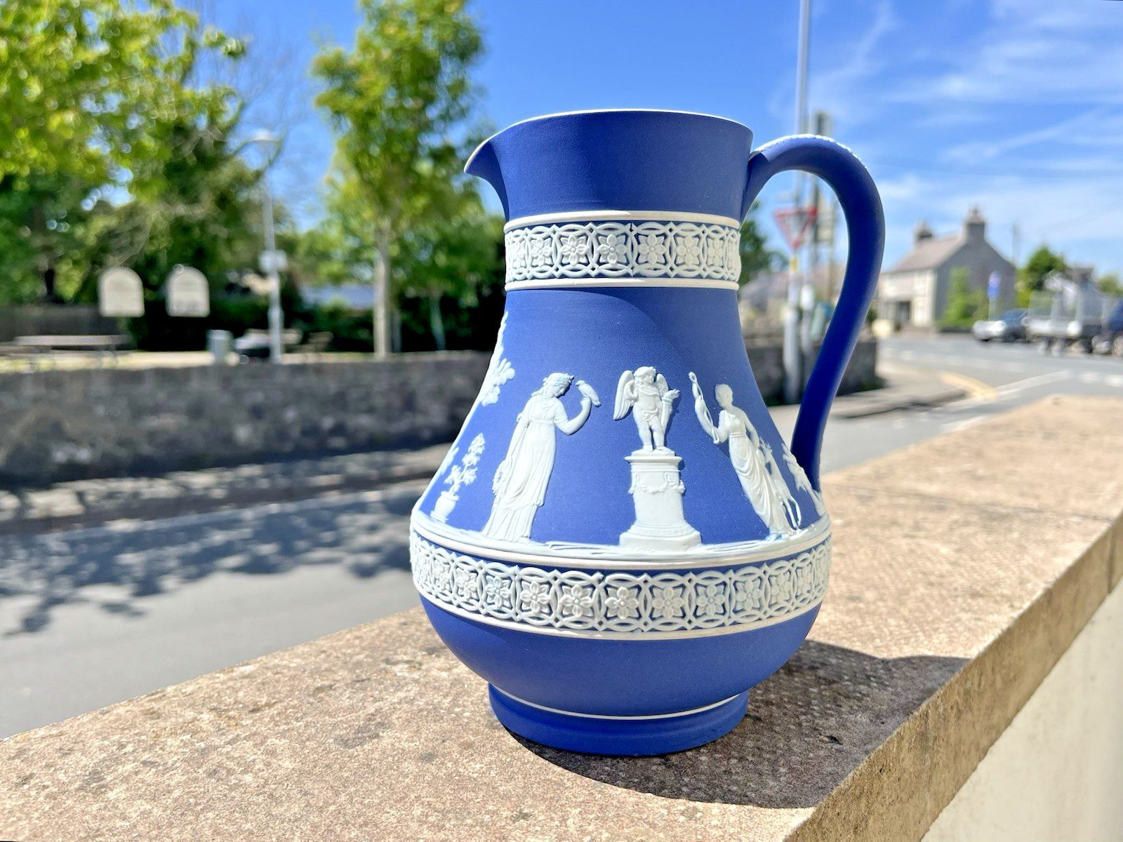 19th C Wedgwood Cobalt Blue Jasperware Neoclassical Cherub Pitcher Jug