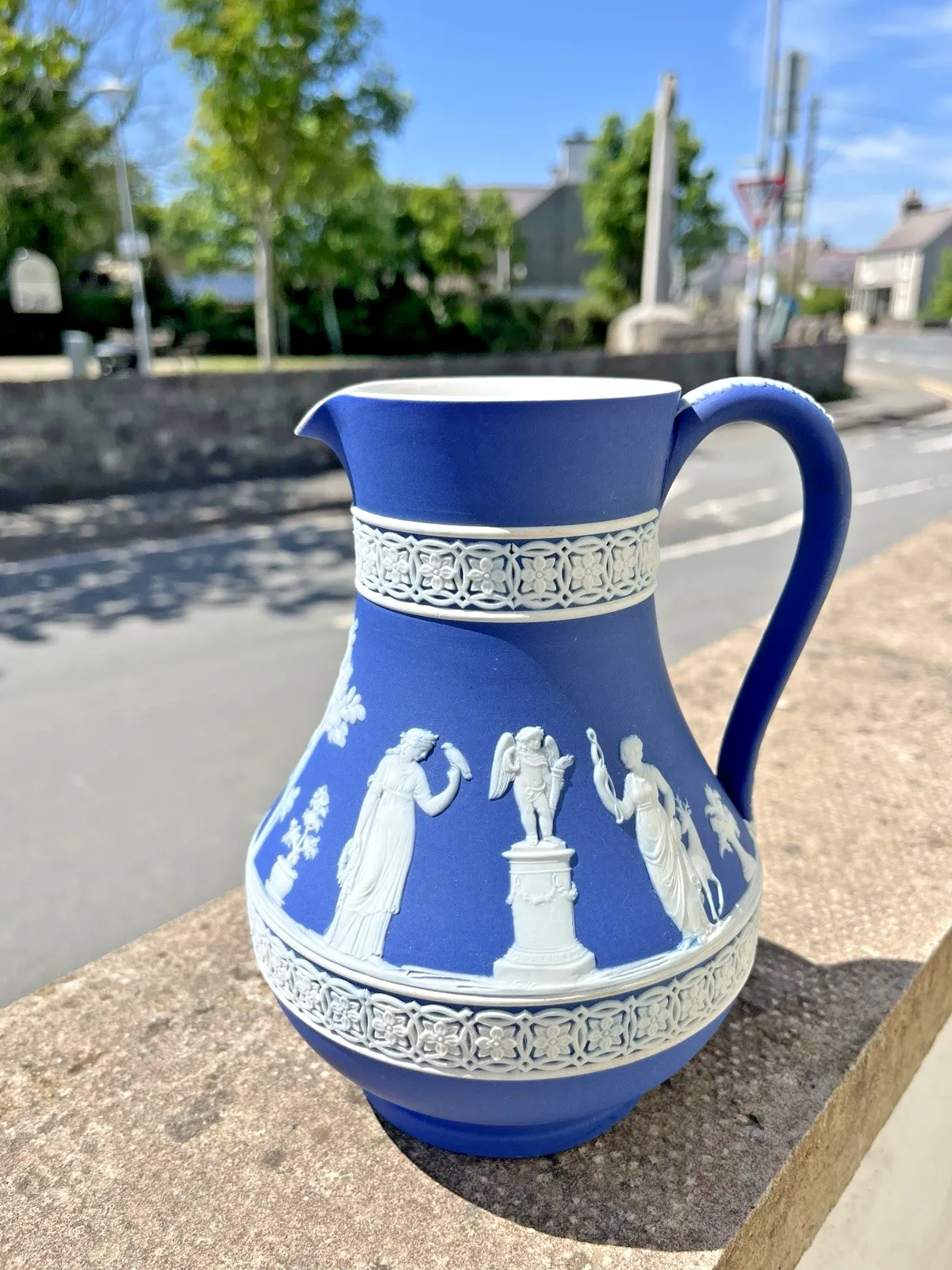 19th C Wedgwood Cobalt Blue Jasperware Neoclassical Cherub Pitcher Jug photo furniture