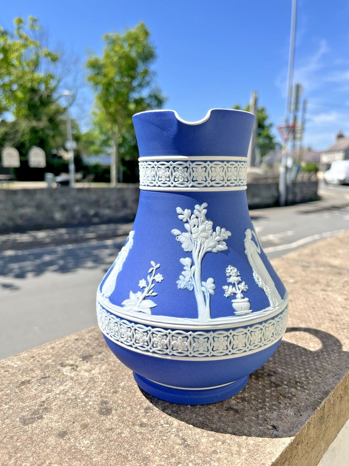 19th C Wedgwood Cobalt Blue Jasperware Neoclassical Cherub Pitcher Jug photo vinterior