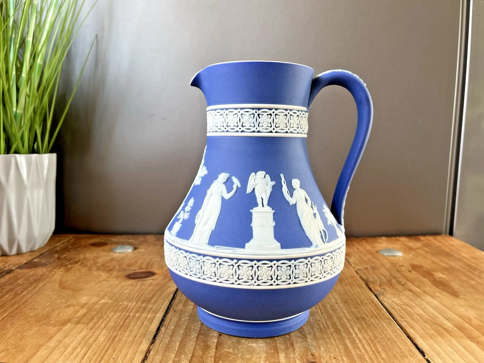 photo furniture 19th C Wedgwood Cobalt Blue Jasperware Neoclassical Cherub Pitcher Jug