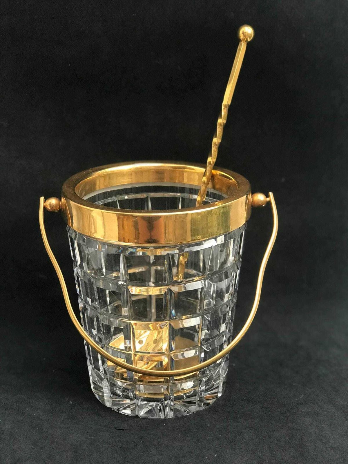 Ice Bucket Mcm Hand Cut Crystal French With Golden Metal Handle Barware Mixology Tools Bar Cart Hollywood Regency Man Cave Gift photo for sale