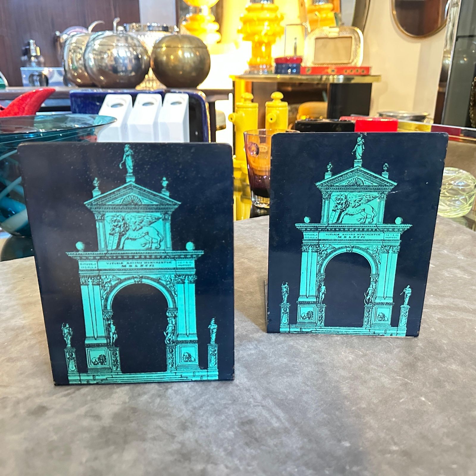 photo for sale 1960s Classical Set Of Two Bookends " Porta Di Venezia " By Piero Fornasetti