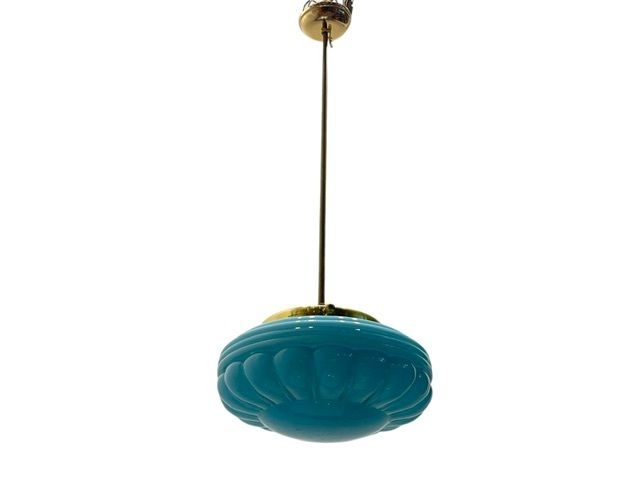 Mid Century Blue Opaline Glass Pendant Light With Brass Fittings