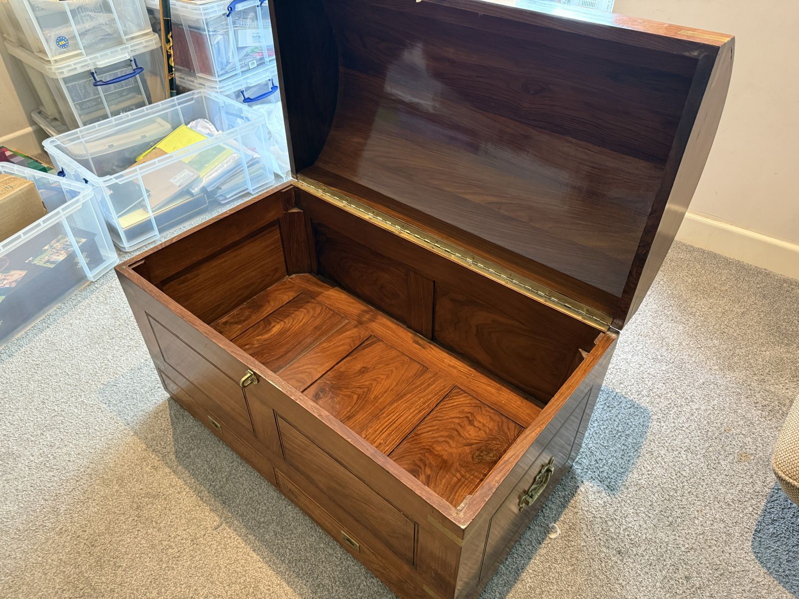 Campaign Style Teak Chest With Brass Inlay & Secret Drawer photo for sale