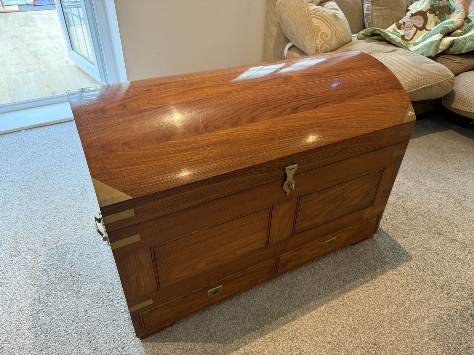 photo furniture Campaign Style Teak Chest With Brass Inlay & Secret Drawer