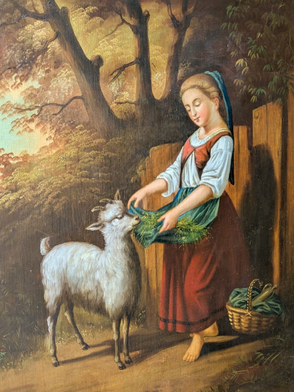 Antique Oil Painting Girl And Goat 19th Century Manner Of Hermann Werner photo furniture