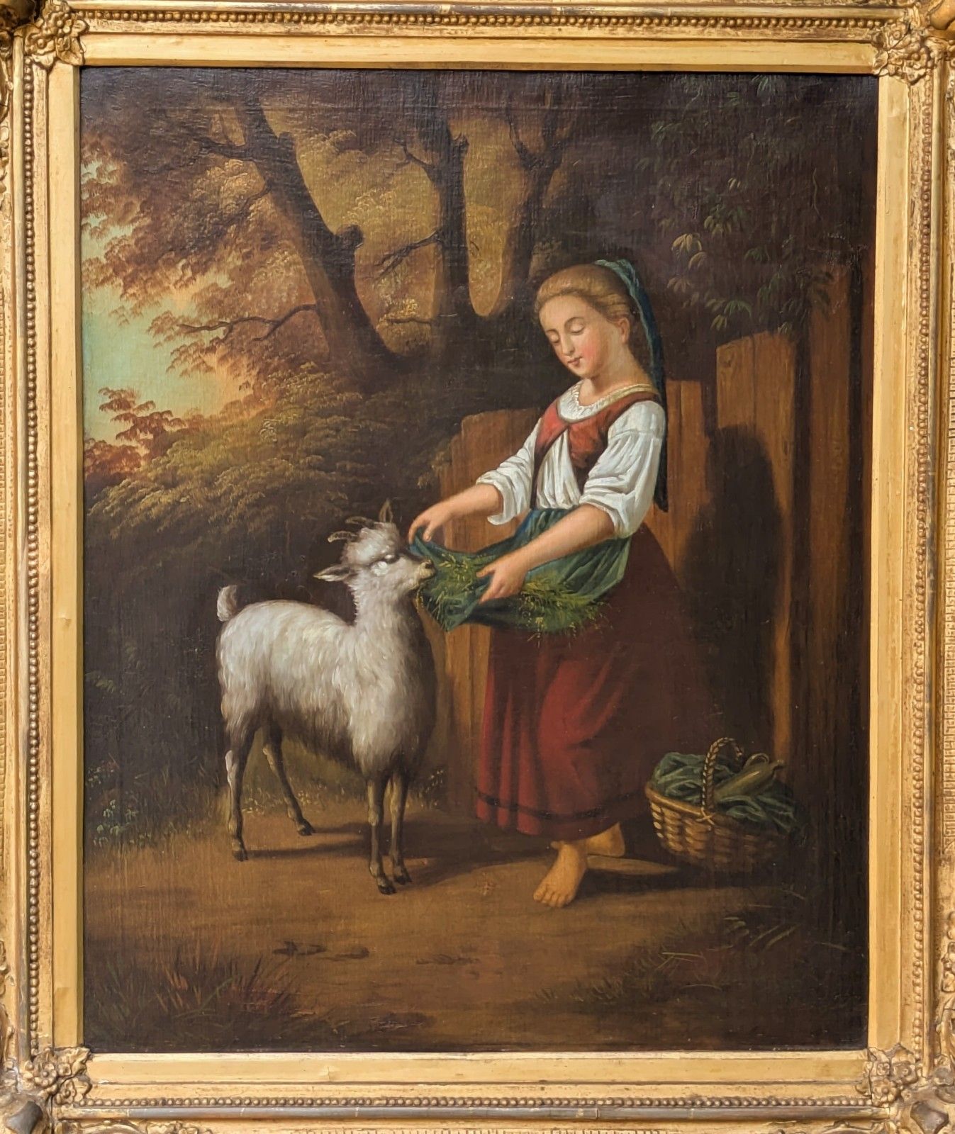 Antique Oil Painting Girl And Goat 19th Century Manner Of Hermann Werner photo for sale