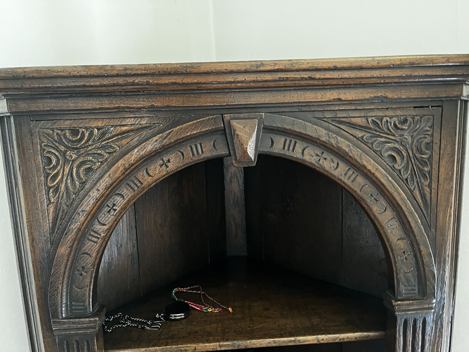 Antique Oak Corner Cabinet 20th Century With Moon Carvings photo furniture