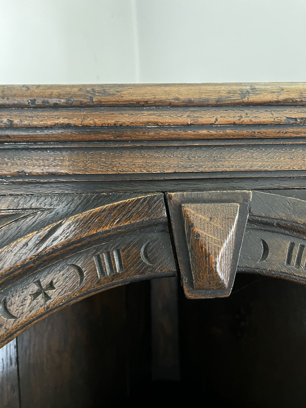 Antique Oak Corner Cabinet 20th Century With Moon Carvings photo vintage