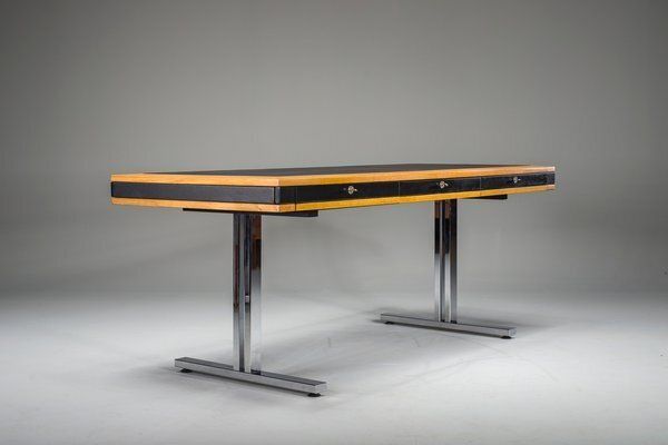 Mid Century Modern Oak And Chrome Desk With Leather Top, 1980s